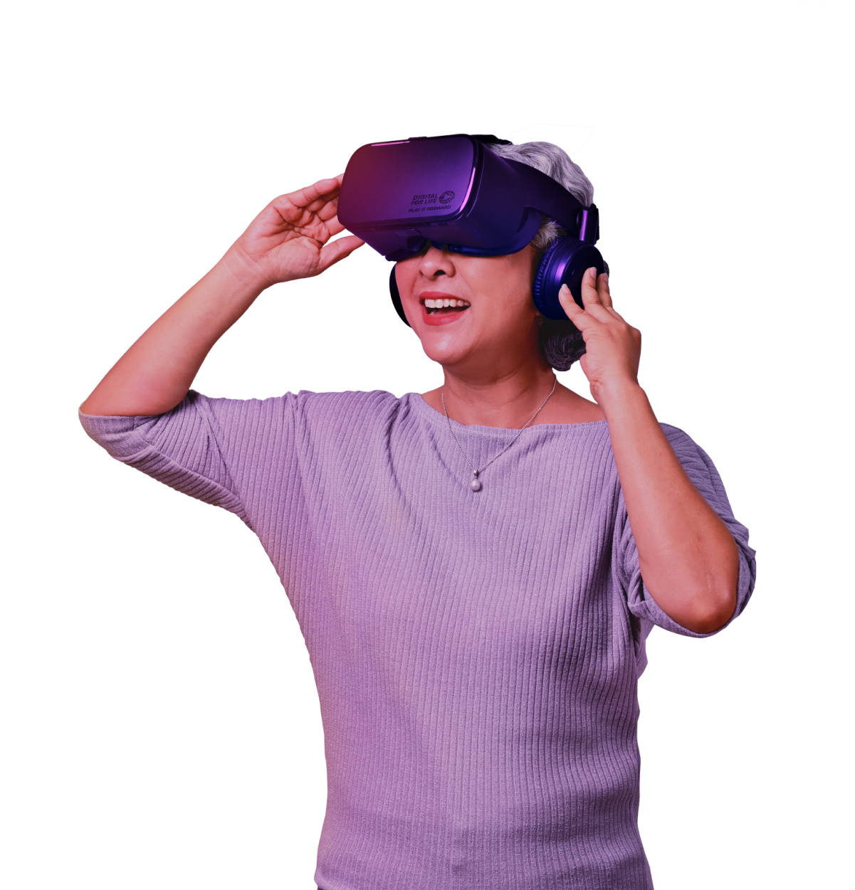 An elderly woman wearing a VR headset
