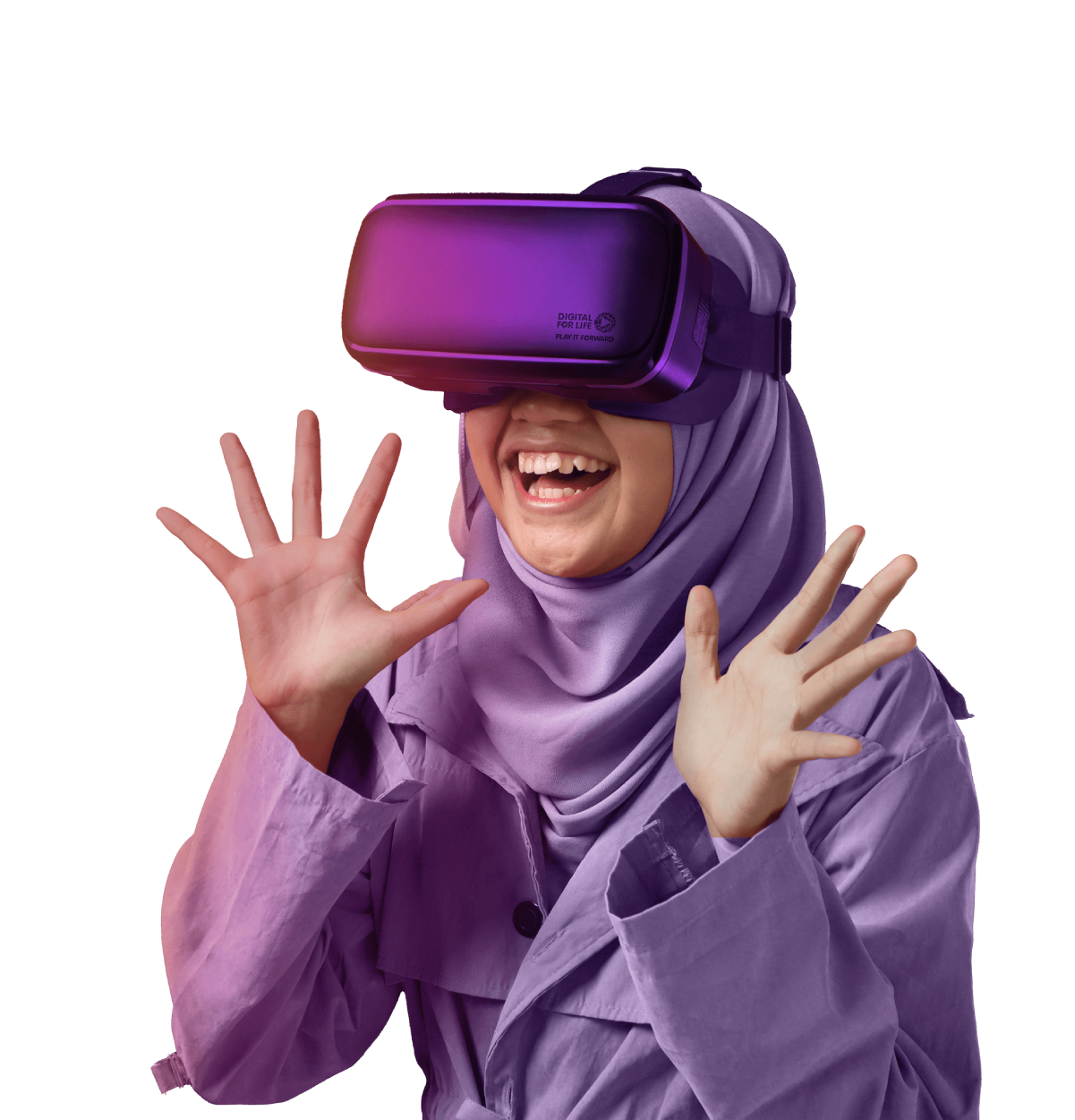 An young muslim woman wearing a VR headset
